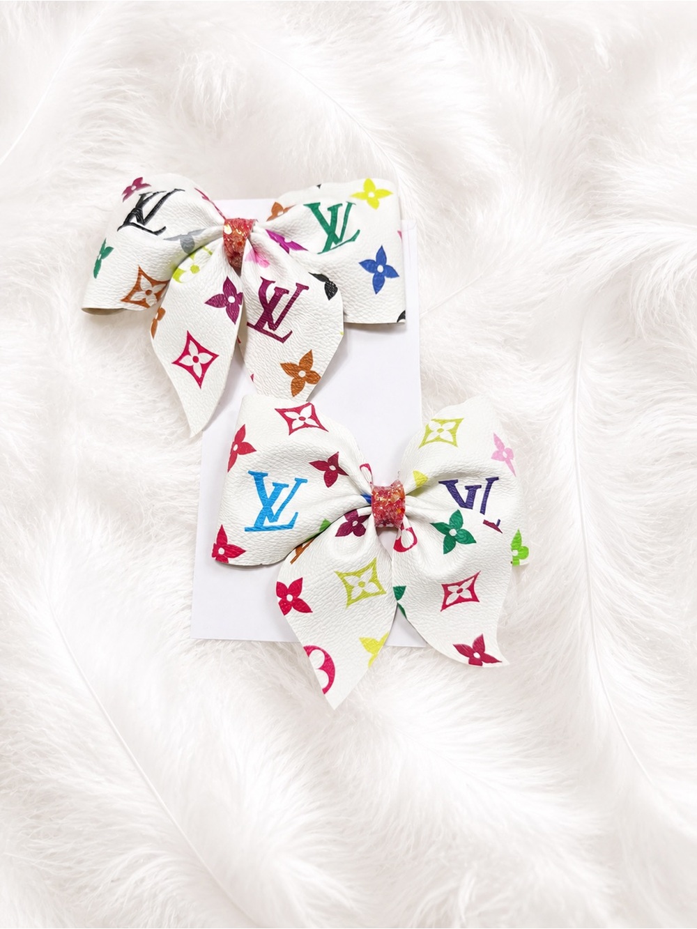 Designer-Style White Multicolor Logo Bow Hair Clips - Kids Accessories